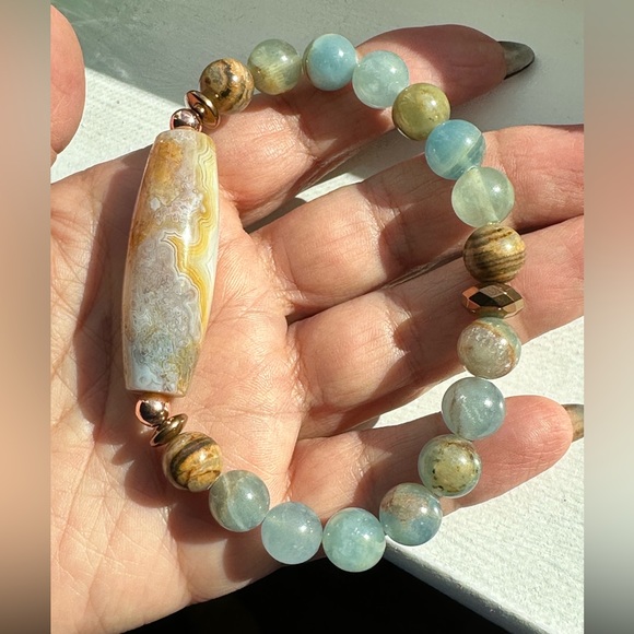 LEMURIAN AQUATINE + OCEAN JASPER NATURAL STONES BRACELET size 8” - Picture 7 of 9